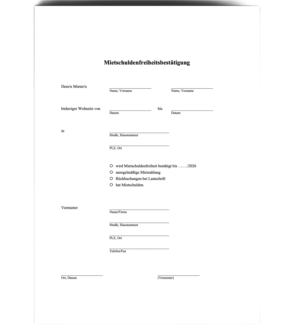 Mietschuldenfreiheitsbestätigung