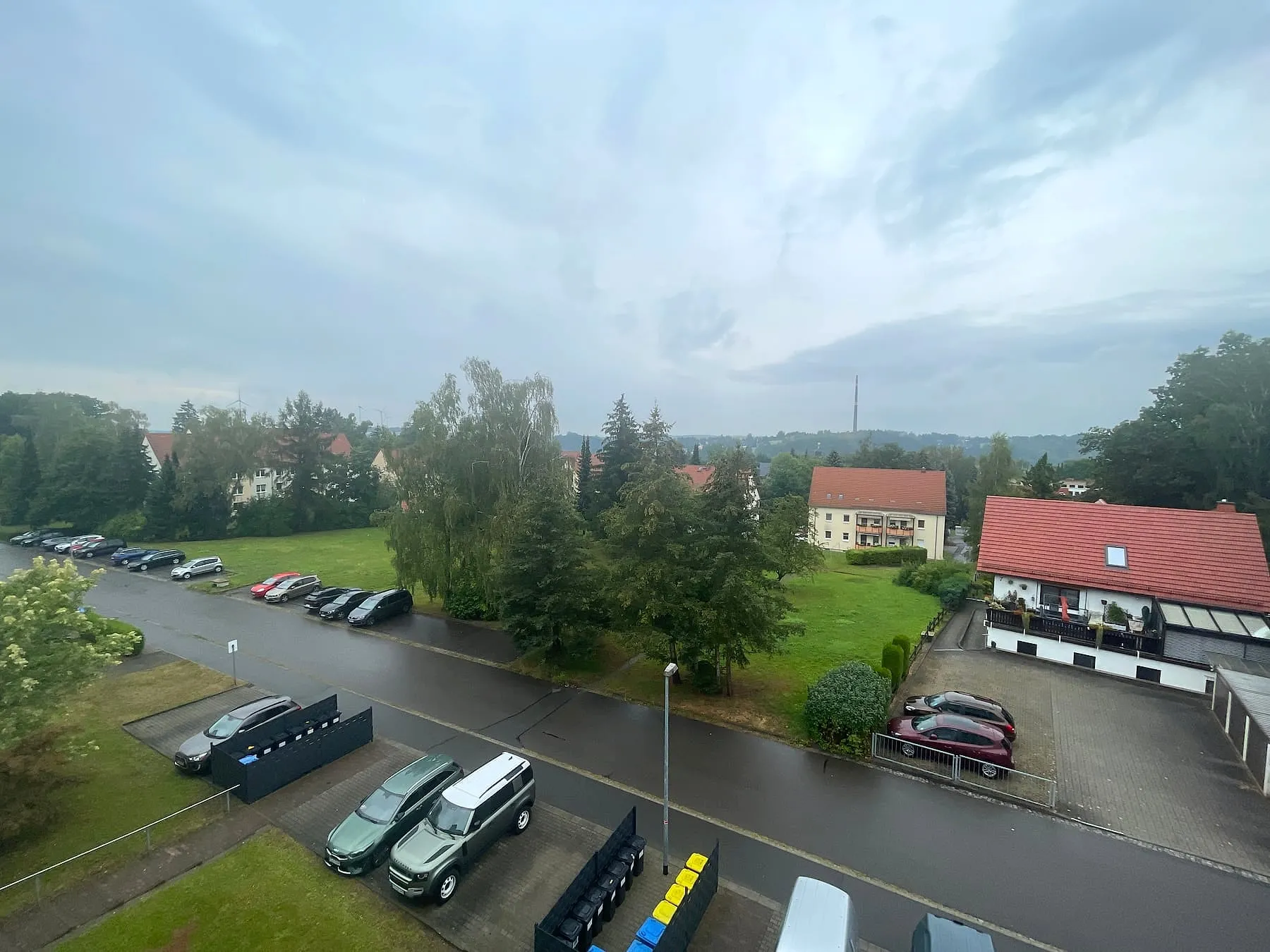 Ausblick nach vorn über die Straße auf Grünflächen und Bäume