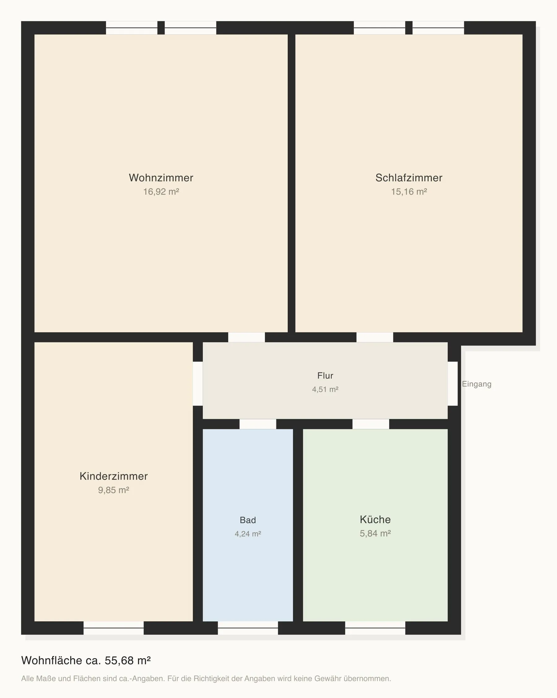 Grundriss der Wohnung: Wohnzimmer, Schlafzimmer, Kinderzimmer, Küche, Bad und Flur, Wohnfläche ca. 55,68 m²