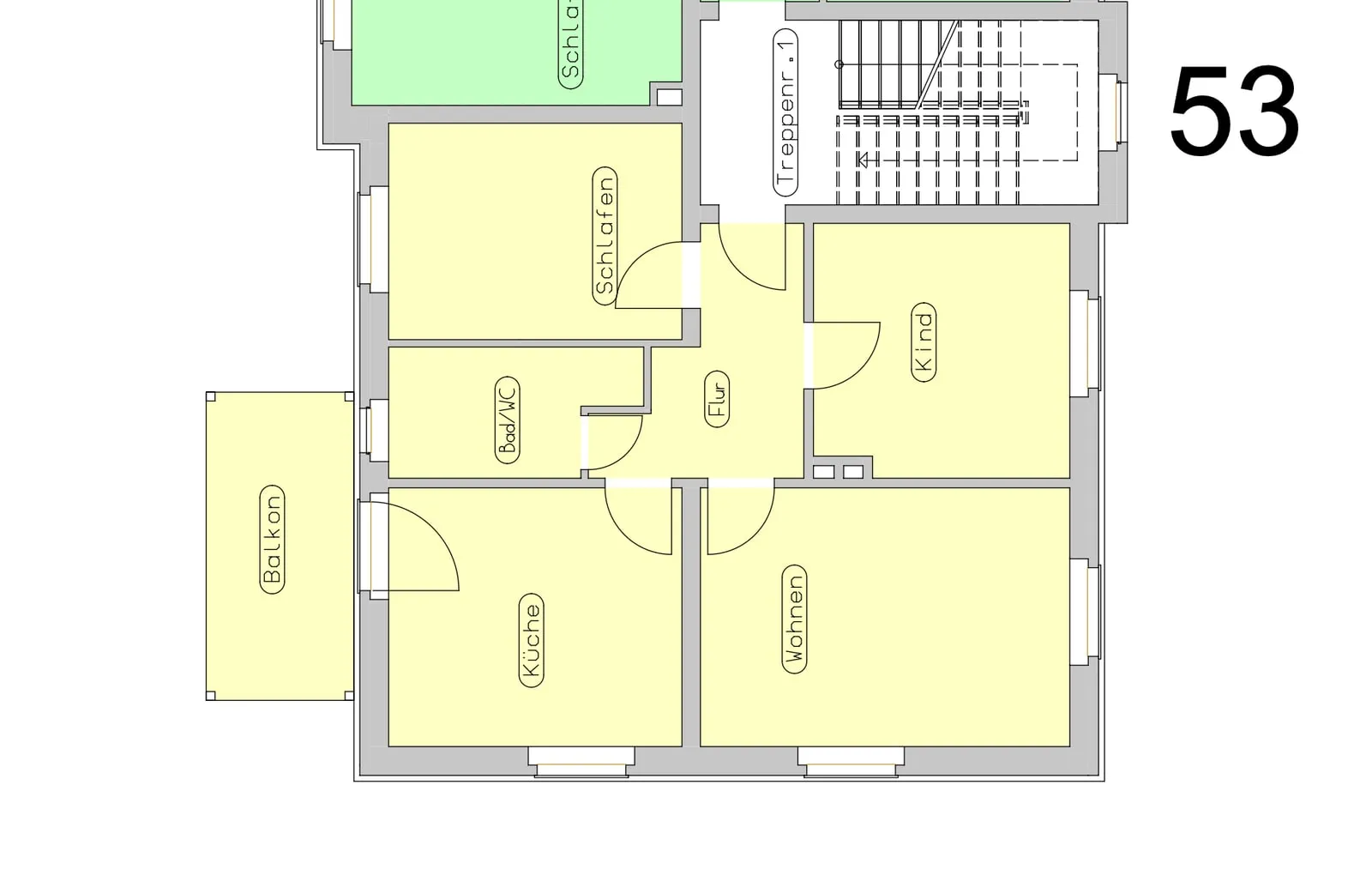 Grundriss der Wohnung: Balkon, Küche, Wohnzimmer, Kinderzimmer, Schlafzimmer, Bad/WC und Flur